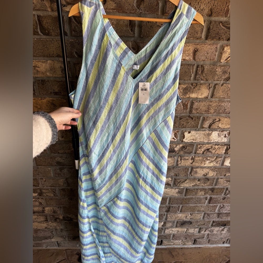 J Jill Love Linen Lotus Maxi Dress size XL Striped Blue Green Lined - Picture 8 of 16